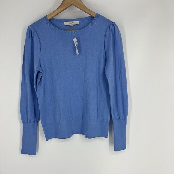 LOFT Sweater Size Small Sky Blue Long Sleeve Pullover Puff Sleeve Knit Crew Neck - Picture 1 of 10